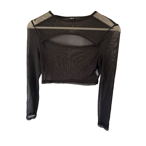 Shein Black Mesh Long Sleeve Crop Top Size S Sheer Clubwear Whimsygoth Y2K - Picture 1 of 7